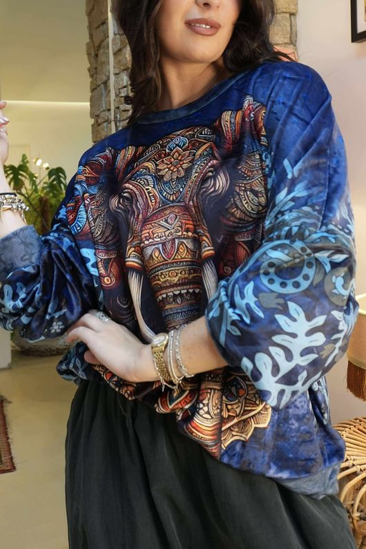 Lomi Mandala Stretch Velour Sweatshirt Navy